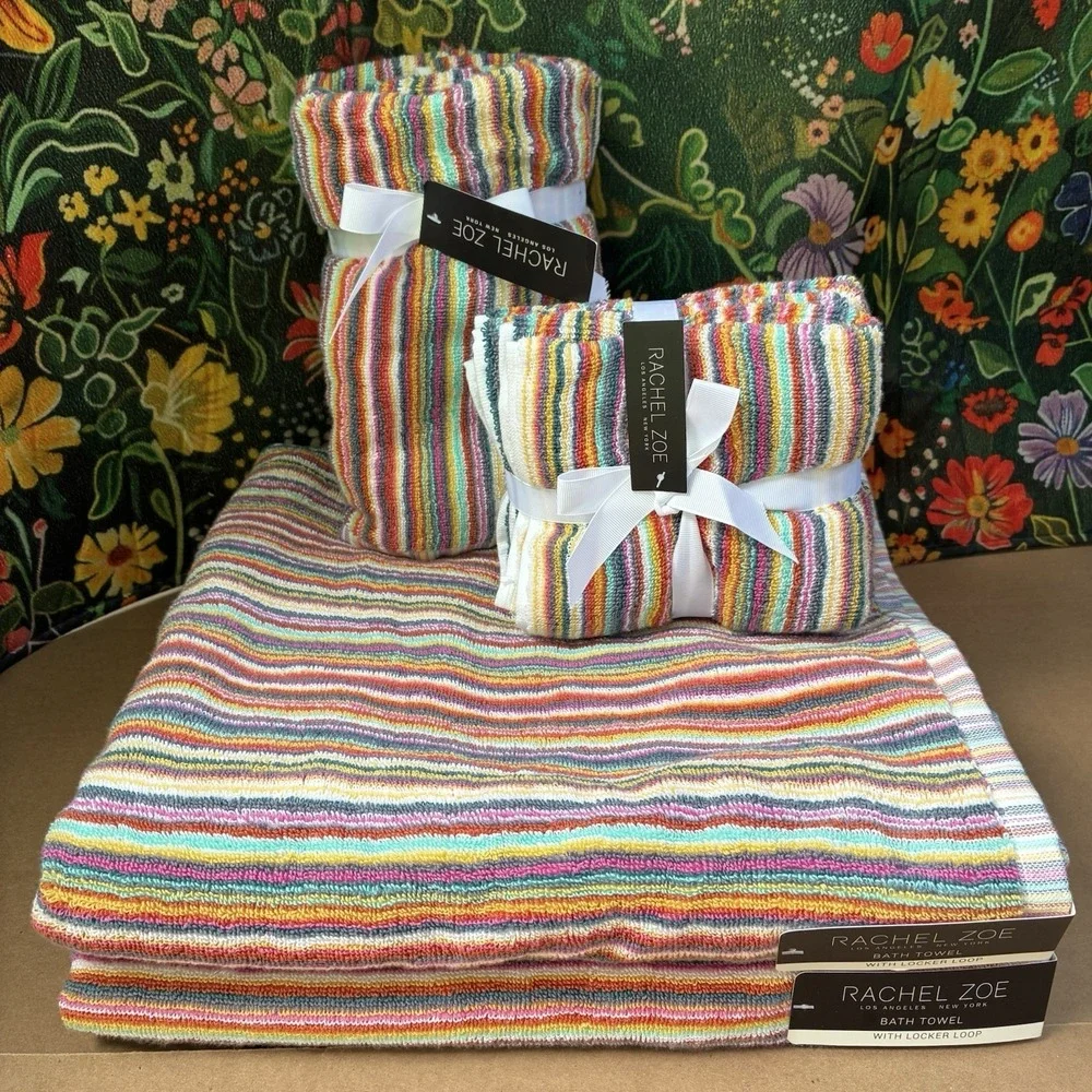 Rachel Zoe 9 piece Striped Rainbow Towel Set 2 Bath, 2 Hand, 5 Washcloth NEW